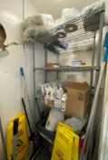 Contents of Cleaning Room Including 2 x Mop Buckets, Two Shelf Units, 8 x Wet Floor Signs, 2 x