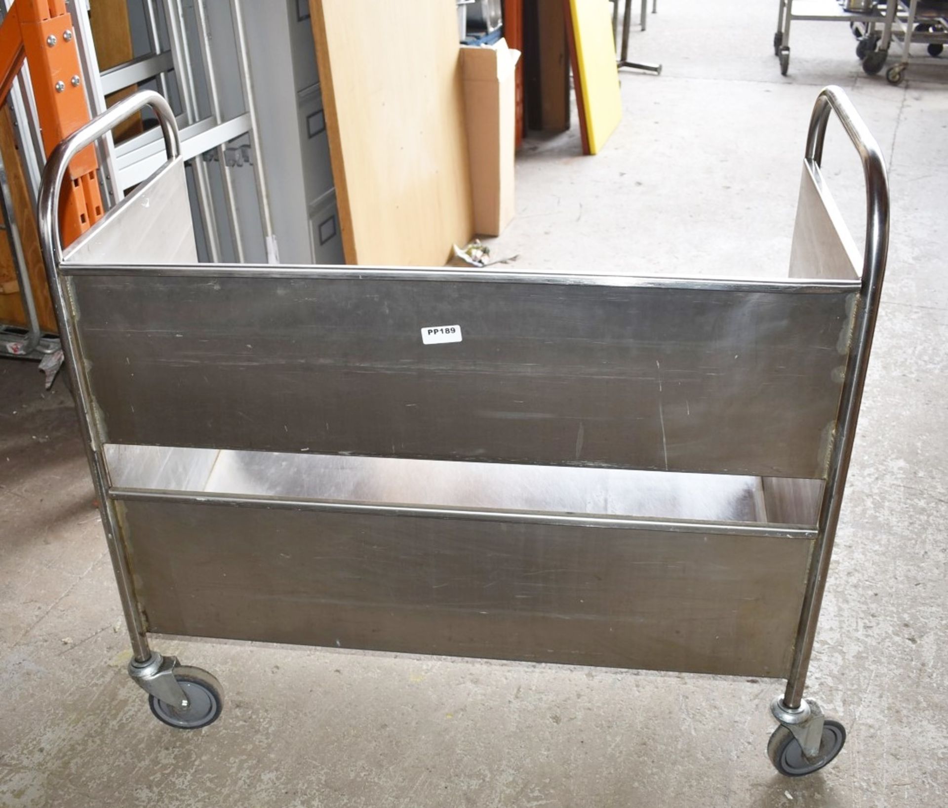 1 x Stainless Steel Trolley With Slanting Shelves and Heavy Duty Castors - Dimensions: H98 x W103 - Image 4 of 5