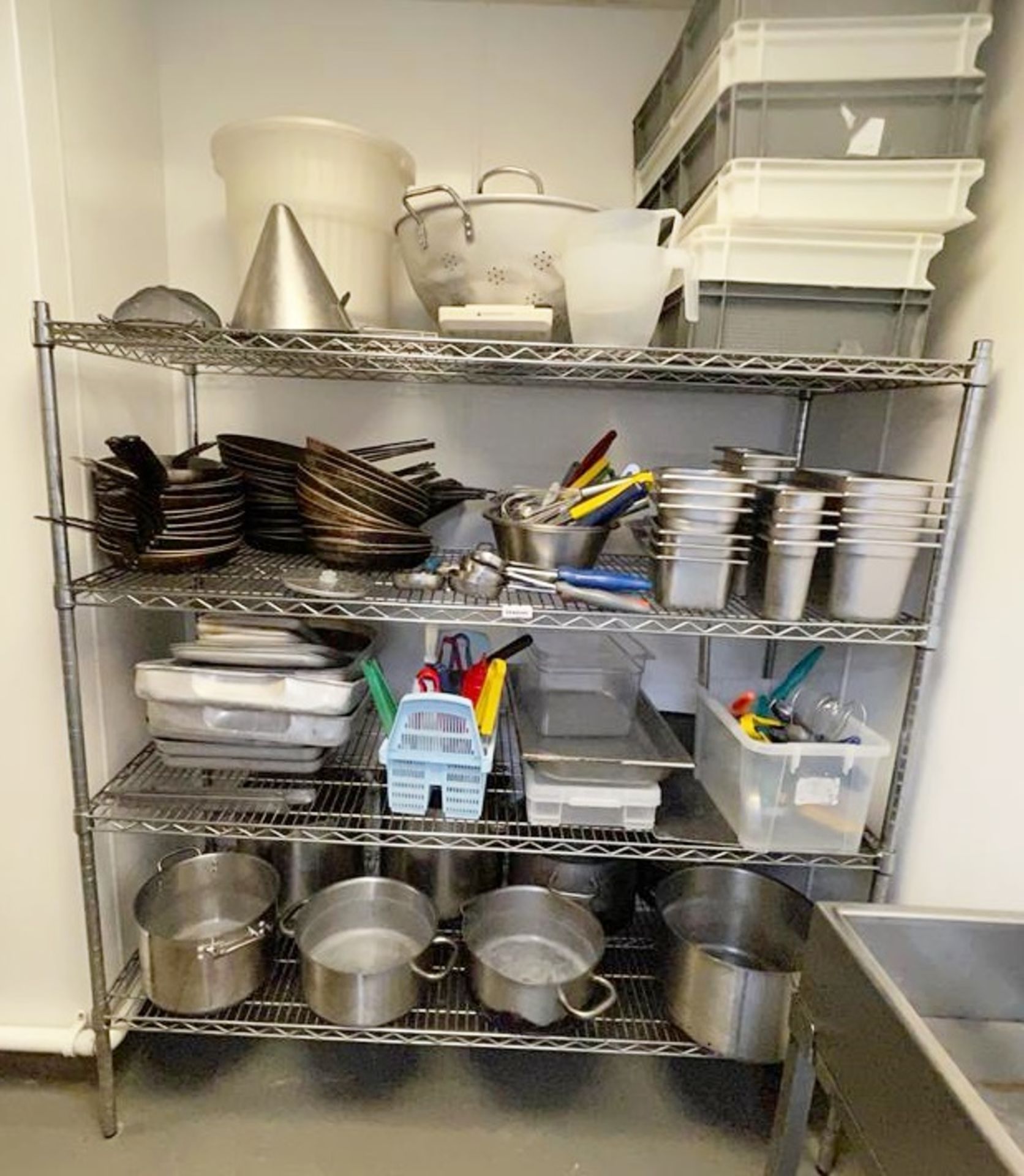 1 x Stainless Steel Shelving Unit With Contents - Contents Include Cooking Pans, Frying Pans, Gastro