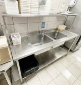 1 x Stainless Steel Commercial Kitchen Double-Basin Sink Unit With Shelf Above, Upstand, And