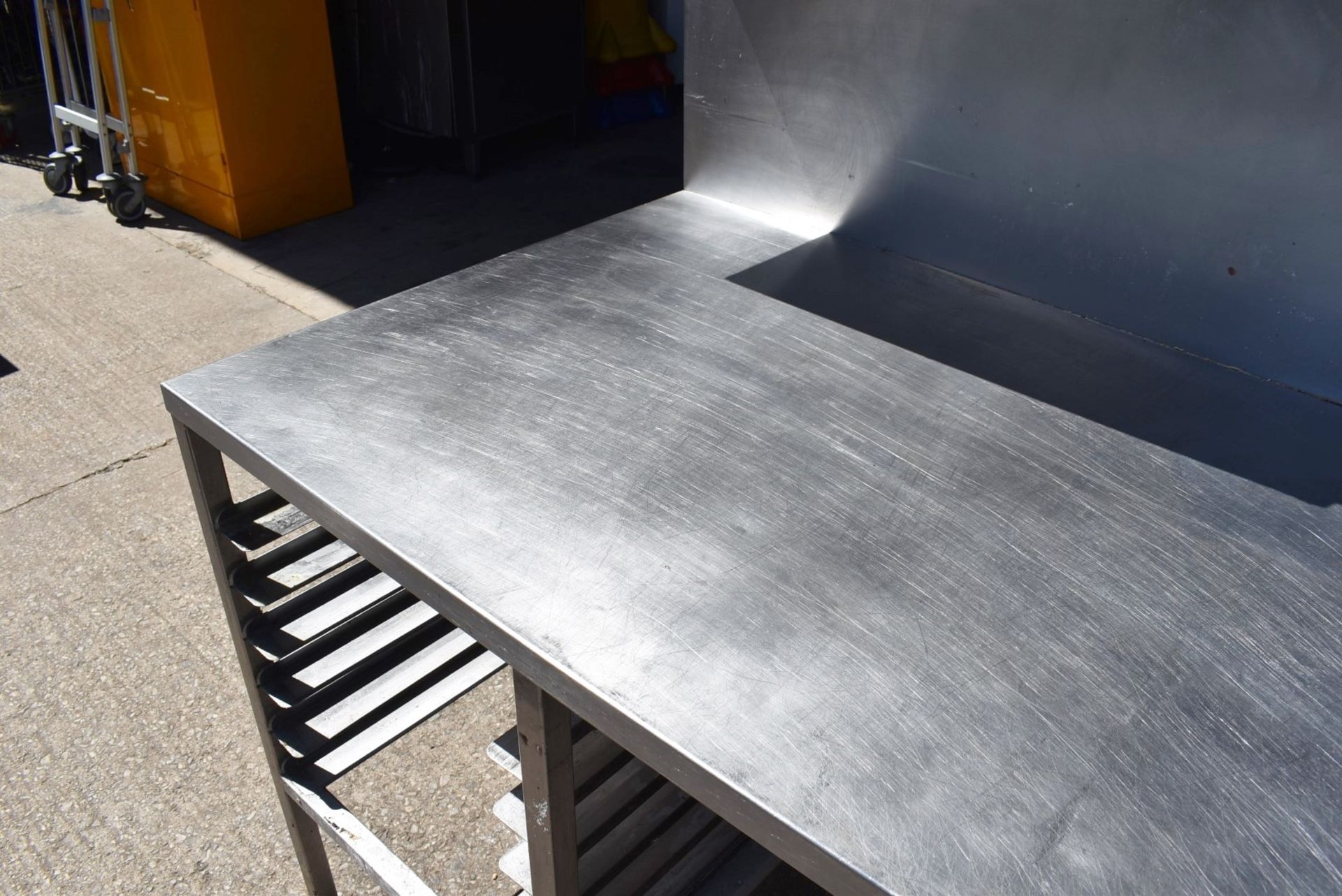 1 x Stainless Steel Prep Bench With Large Splashback Panel, Multiple Shelves and Tray Runners - Rece - Image 9 of 11