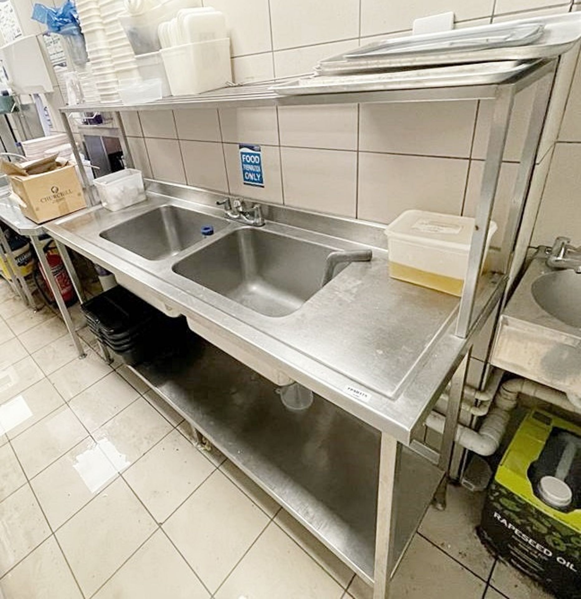 1 x Stainless Steel Commercial Kitchen Double-Basin Sink Unit With Shelf Above, Upstand, And - Image 2 of 3