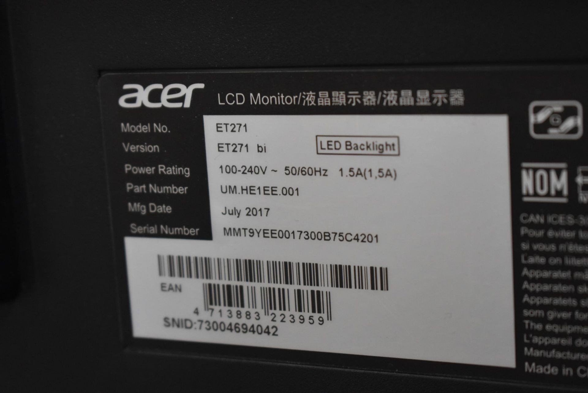 1 x Acer 27 Inch FHD Computer Monitor - Model ET271 - Features 1920 x 1080 Resolution, 4ms - Image 2 of 2