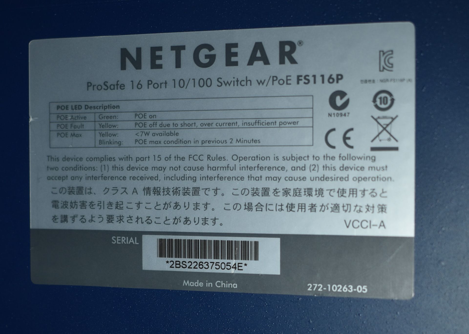 1 x Netgear ProSafe 16 Port 10/100 Network Switch With PoE - Type FS116P - Includes Power Cable - - Image 5 of 5