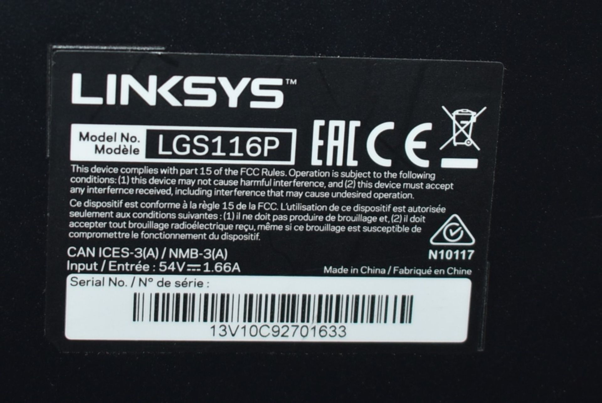 1 x Linksys LGS116P Business 16 Port Network Switch With 8 Po E+ Port - Includes Power Supply - Ref: - Image 5 of 5