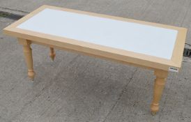 2 x Low Rectangular Event Tables In Beech - Both Feature Attractive Turned Legs And A White