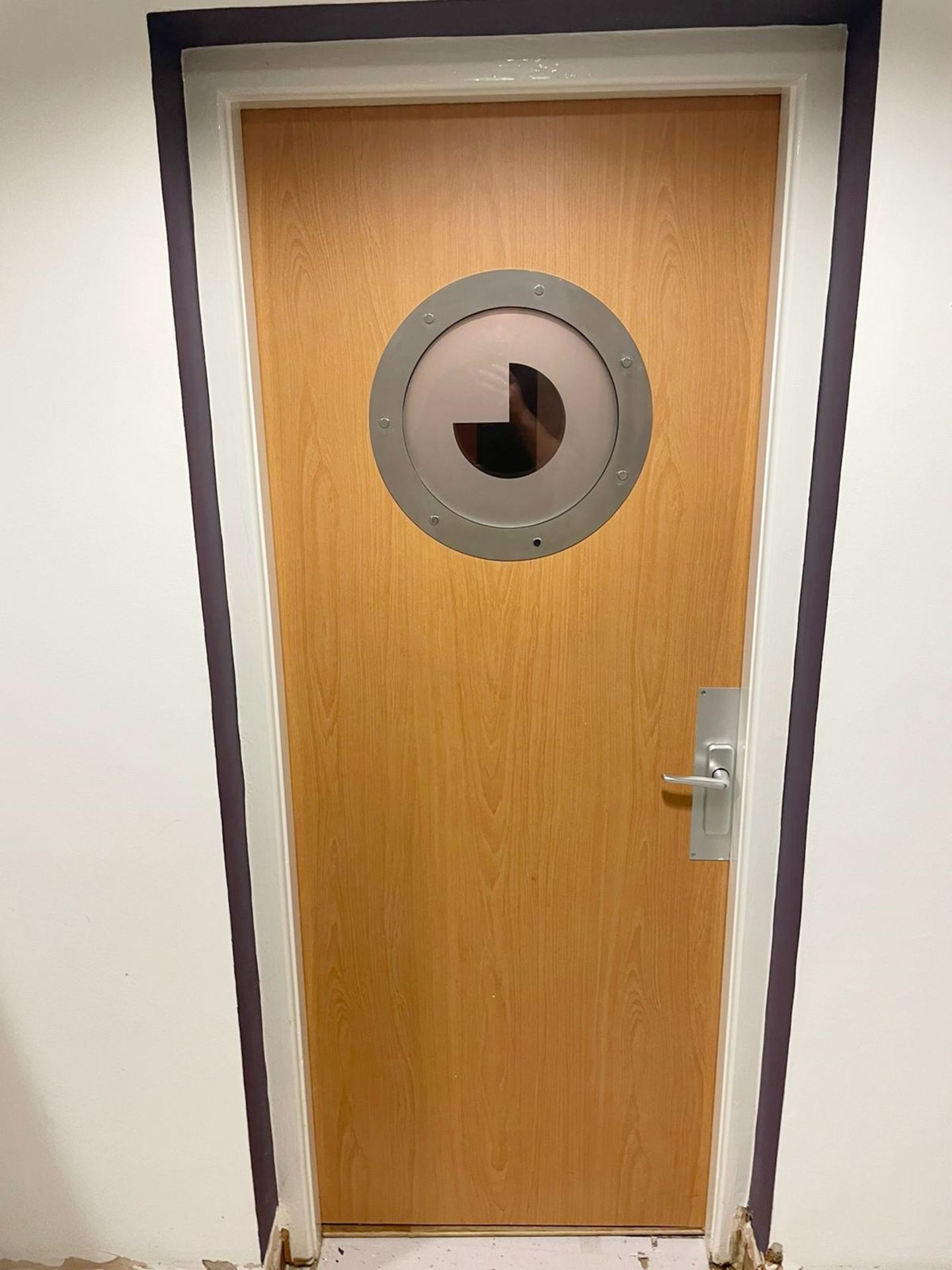 1 x Office Wooden Door With Circular Glass Window 190(H) x 76(W)  - To Be Removed From An