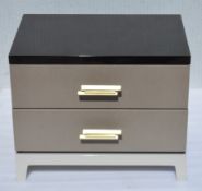 1 x Designer 2-Drawer Small Bedside Unit (Black/gold) With Crocodile Effect Drawers, Ornate Handles