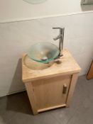 1 x Frosted Glass Countertop Round Bathroom Basin With Stainlees Steel Tap and Wooden Unit with Door