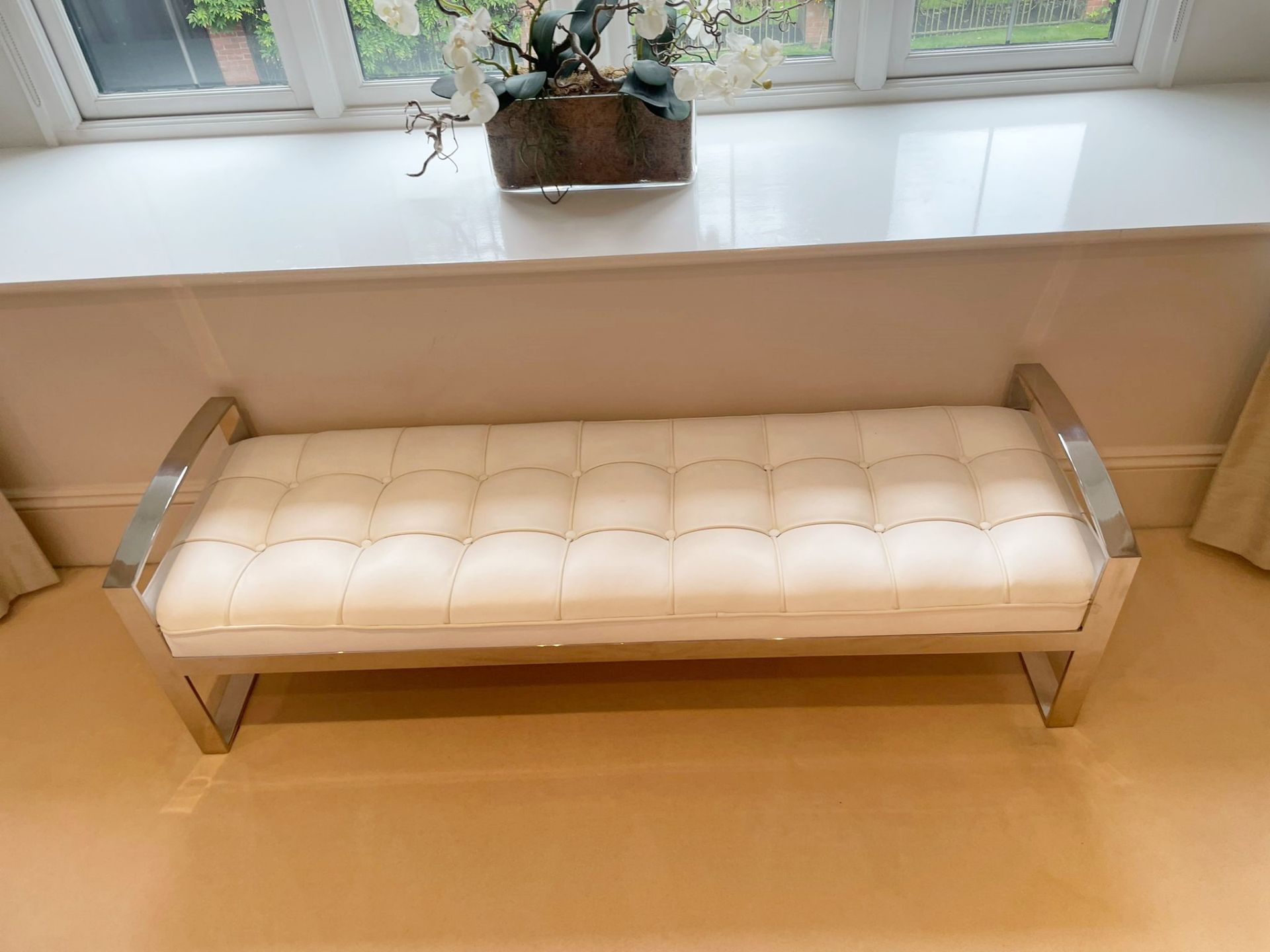 1  x Contemporary Leather Brown Button Upholstered Bench And Table Stool To Be Removed From An - Image 5 of 22