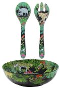1 x LES JARDINS DE LA COMTESSE 31cm Melamine Large Jungle Salad Bowl with 2 x Serving Utensils (each