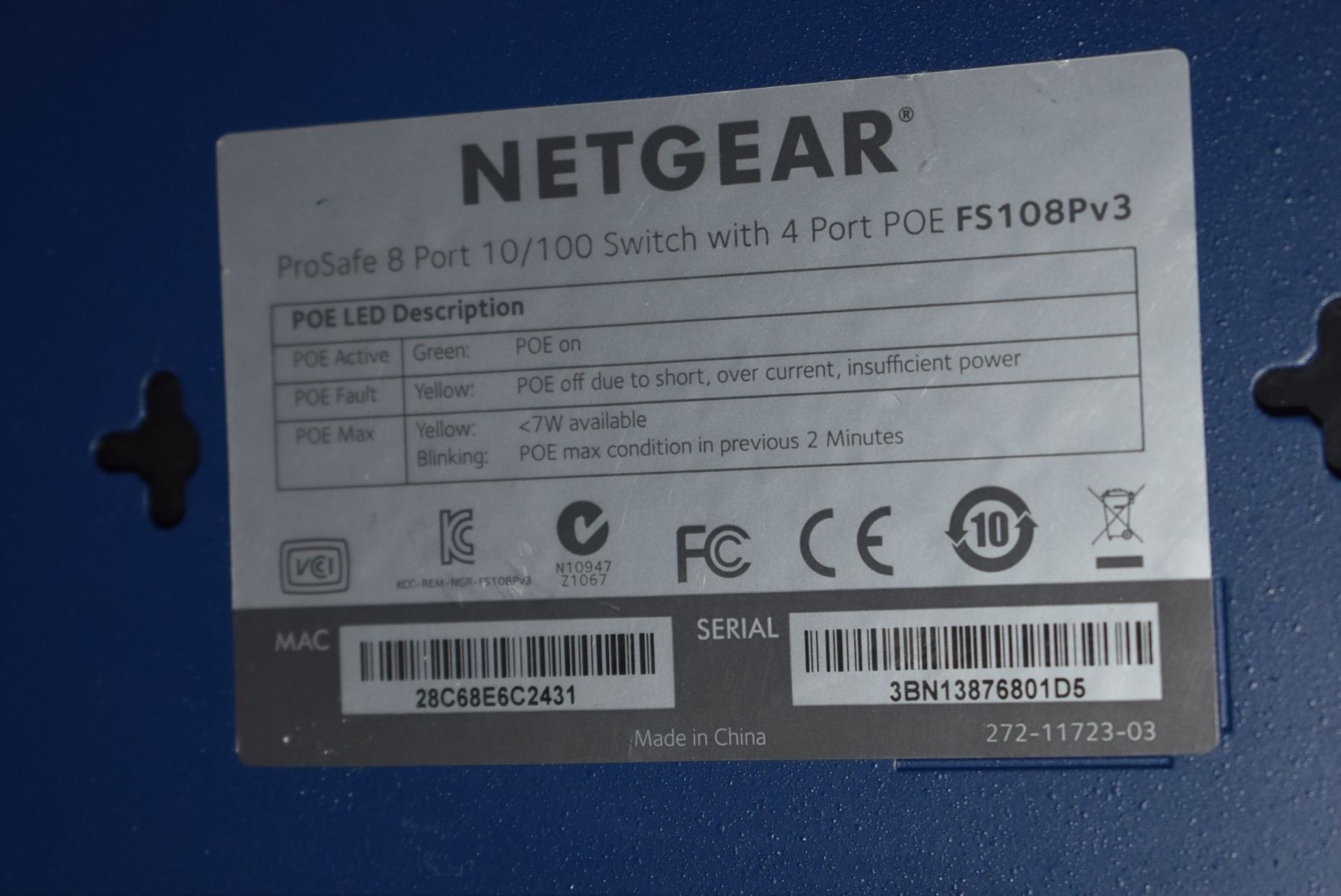 1 x Netgear Prosafe FS108P 8-Port 10/100 Switch with 4-Port POE - Ref: MPC600 WH3  - CL678 - - Image 4 of 5