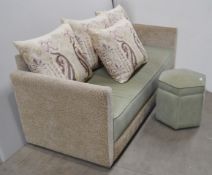 1 x Upholstered Sofa With 4 x Cushions, Pale Green Seat Cushion With Matching Footstool - Ref: