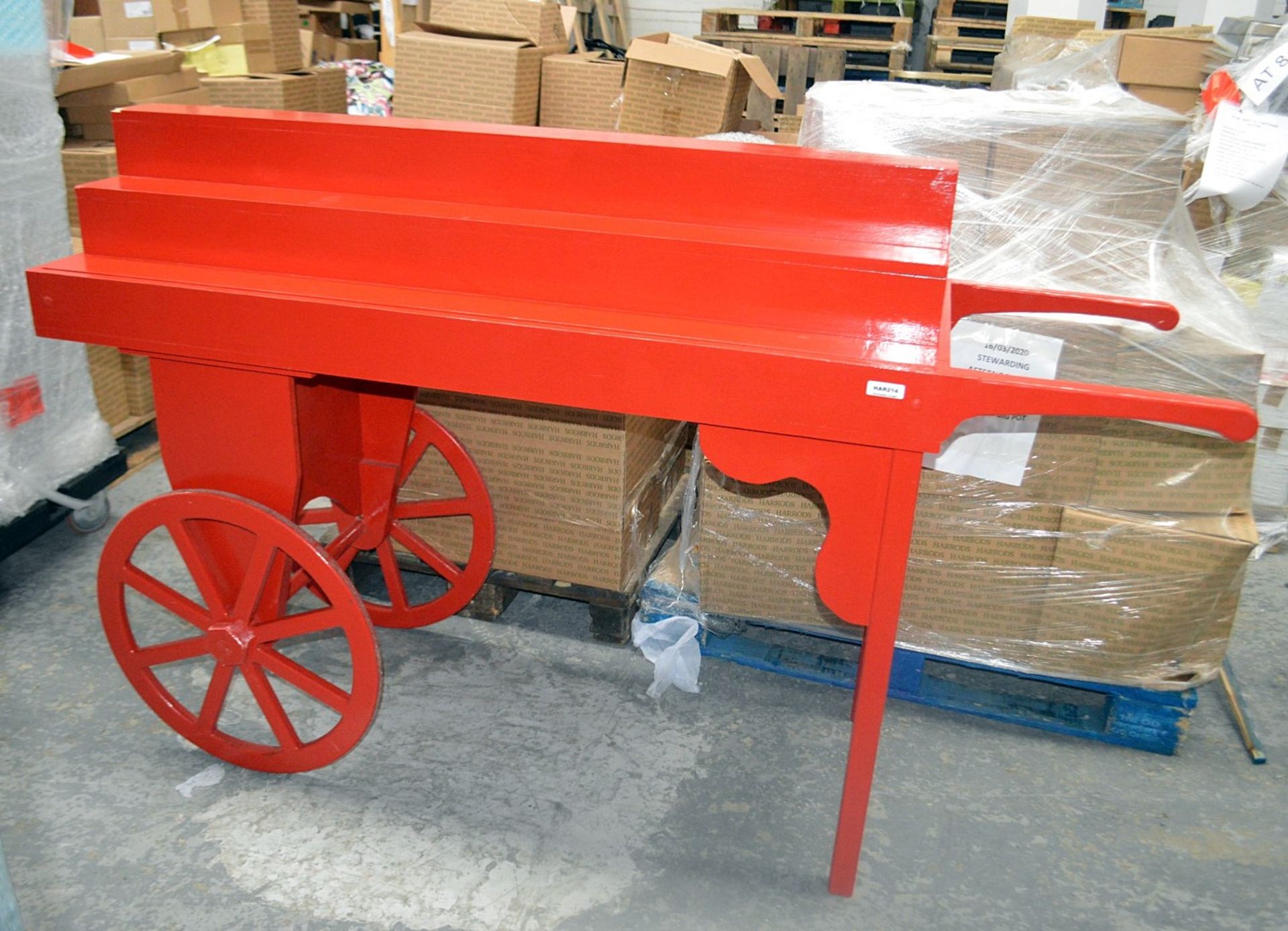 1 x NOOK Bespoke Wooden Display Retail Cart In Red - British Made - Dimensions: H120 x W190 x D68cm
