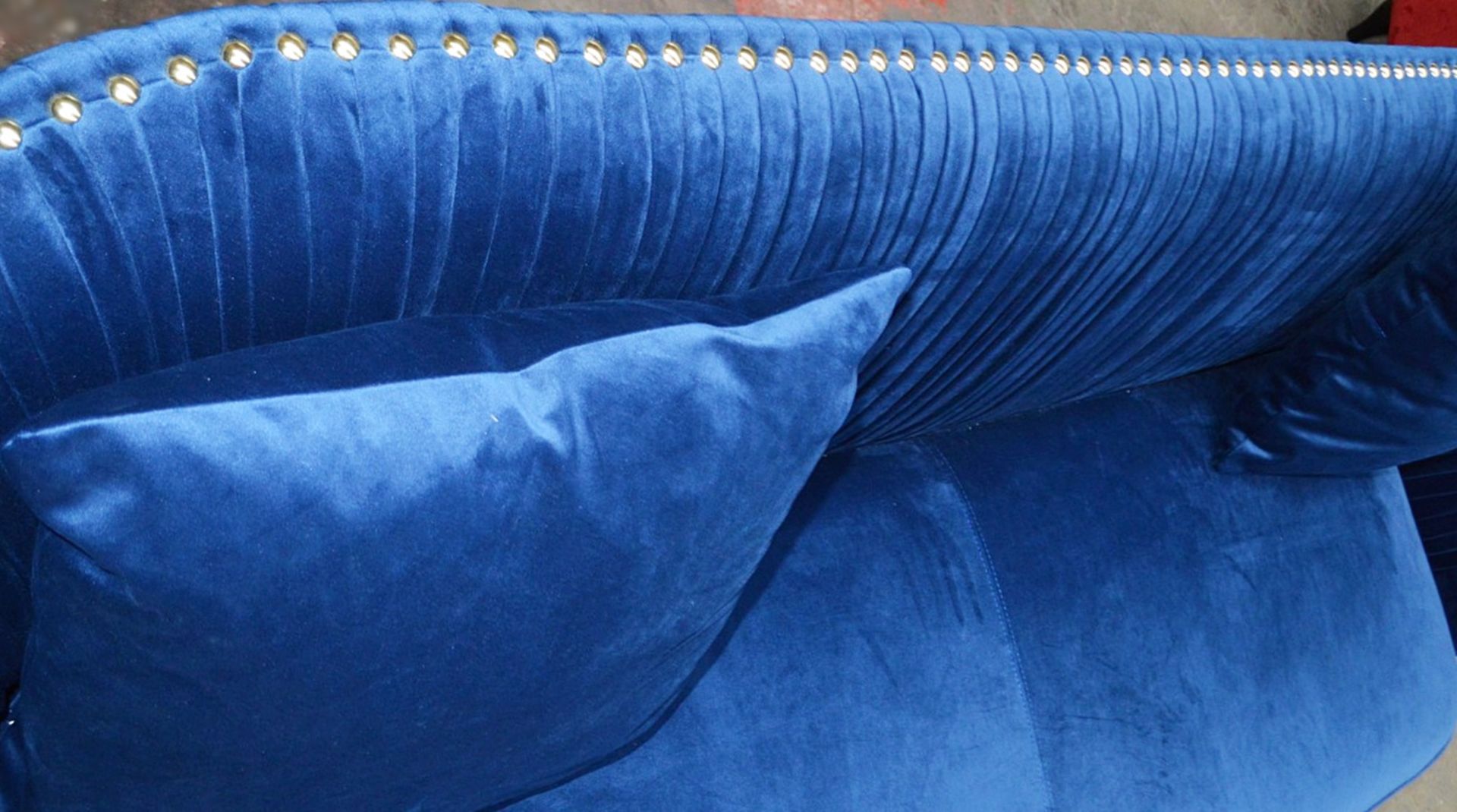 1 x Bespoke Blue Velvet Button-Back Sofa In A Rich Royal Blue Velvet With Detailing In Gold - Image 3 of 8