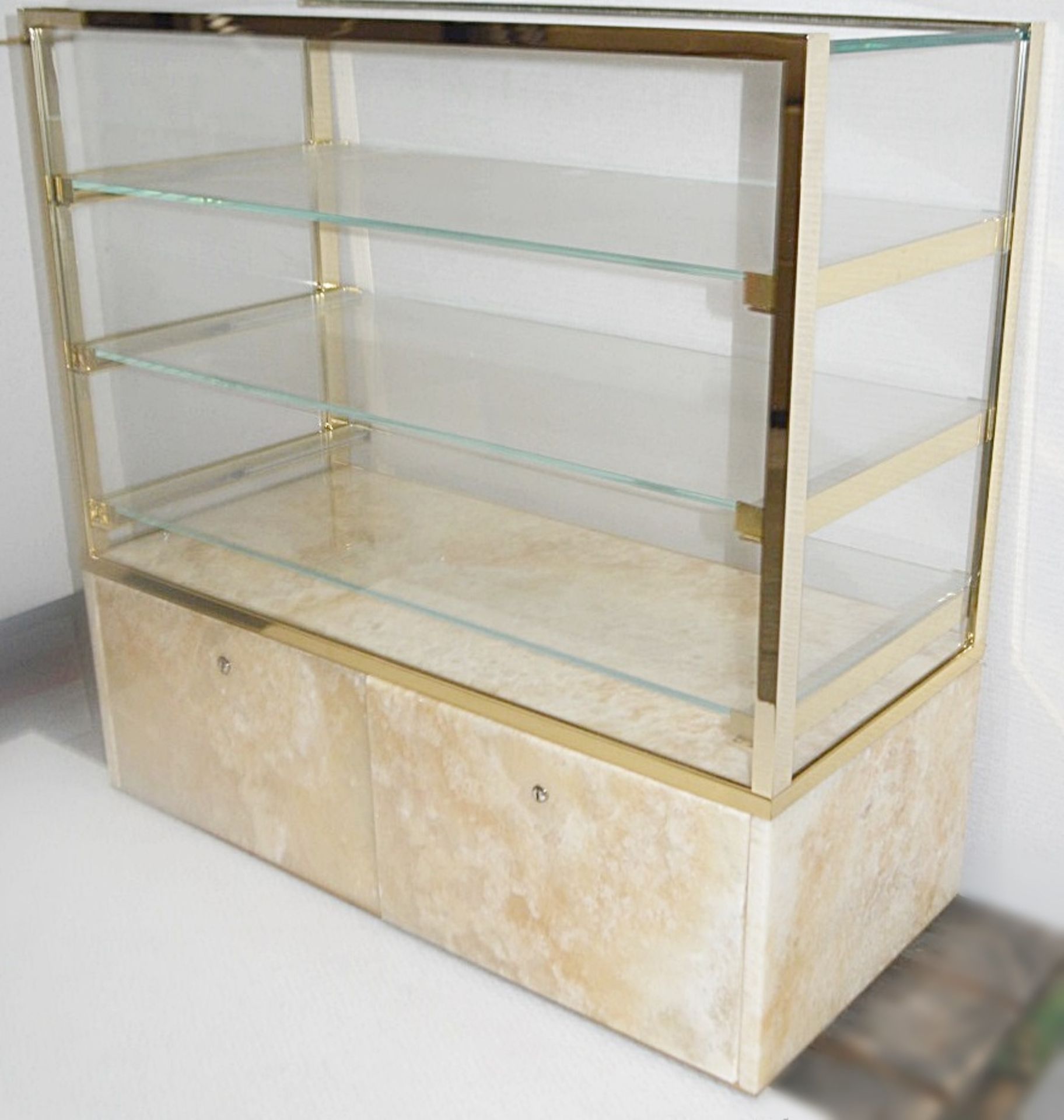 1 x 3-Tier Glass Retail Display Case With Natural Stone Base And Drawer Fronts