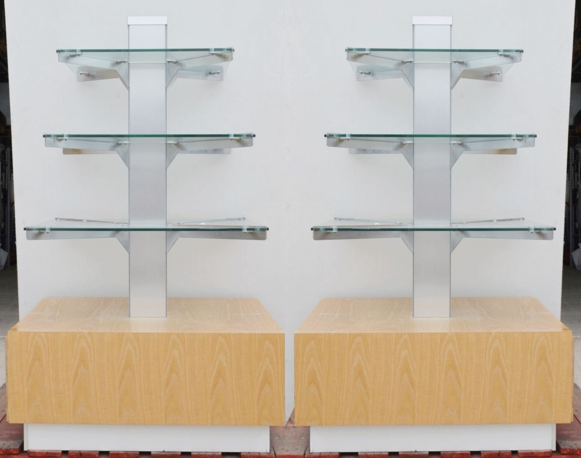 Pair Of Retail Display Units, Each With 3-Tiers Of Glass Shelving And Drawers In Base -