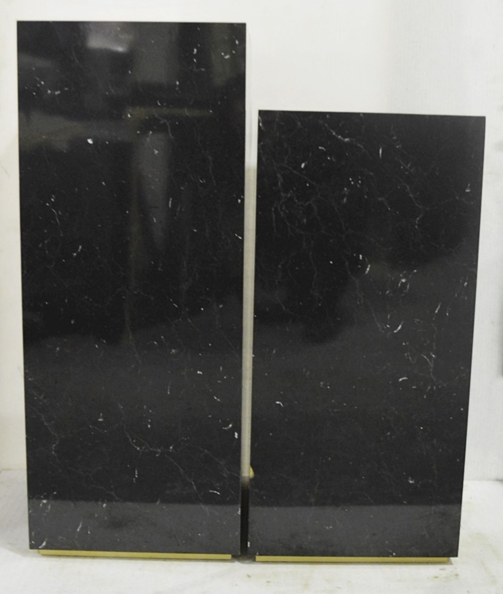2 x Shop Display Plinths With A Faux-Marble Laminate Finish In BLACK With Brass Coloured Bases