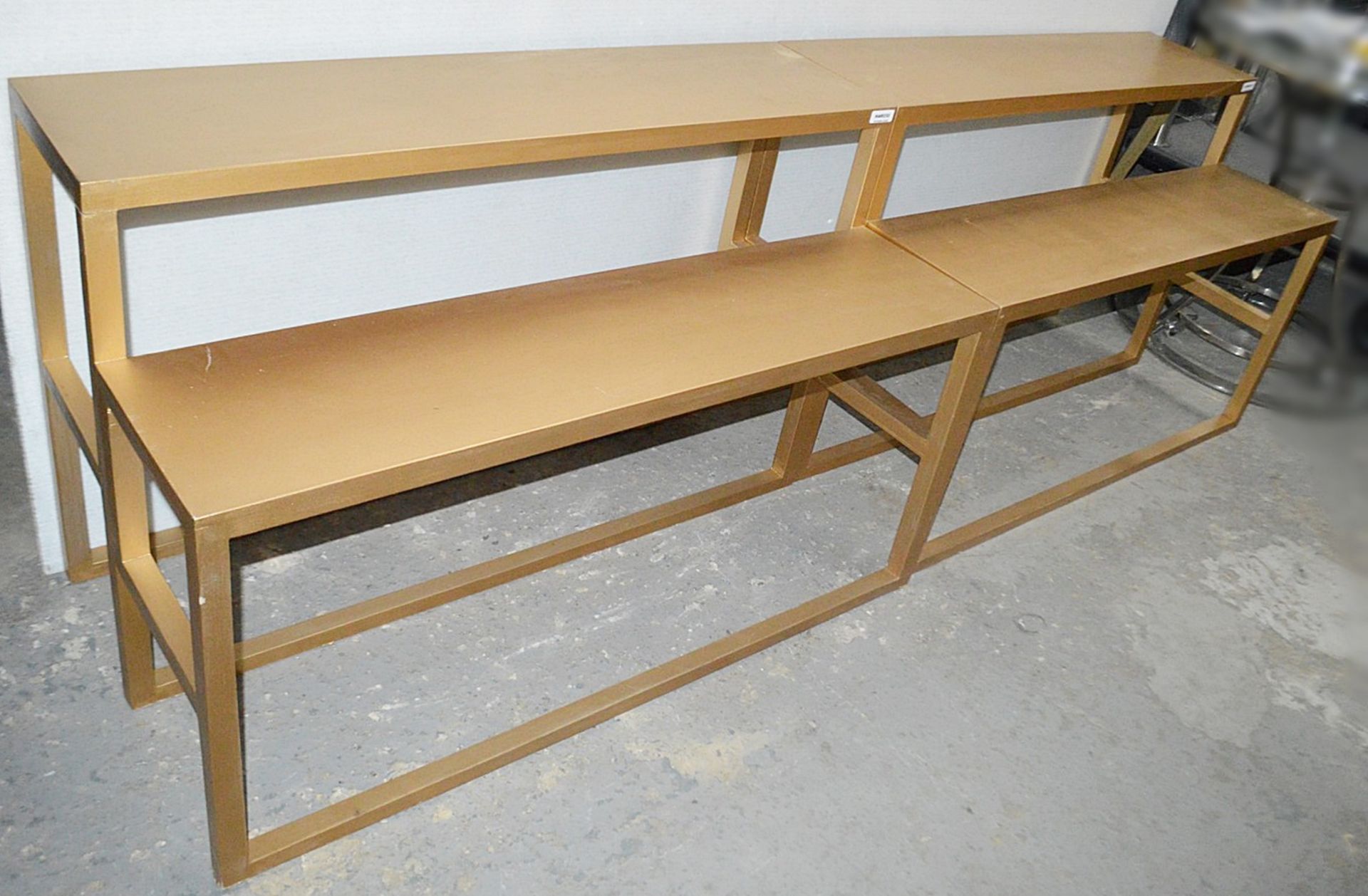 A Pair Of 1.2-Metre Long Wooden 2-Tier Display Units In A Painted Gold Finish - Dimensions: H75 x - Image 2 of 3