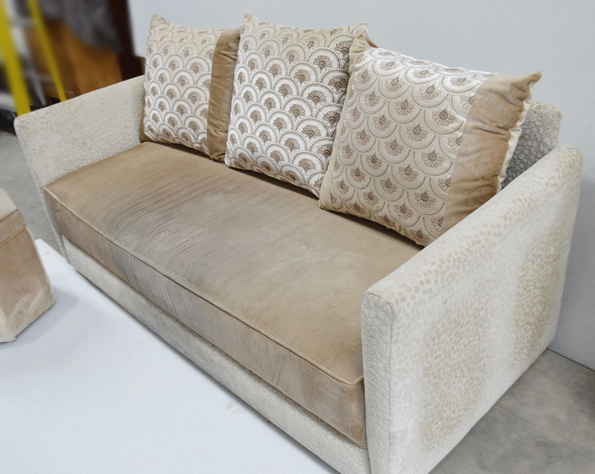 1 x Upholstered Sofa With 3 x Cushions, Pale Mocha Brown Seat Cushion With Matching Footstool - Ref: