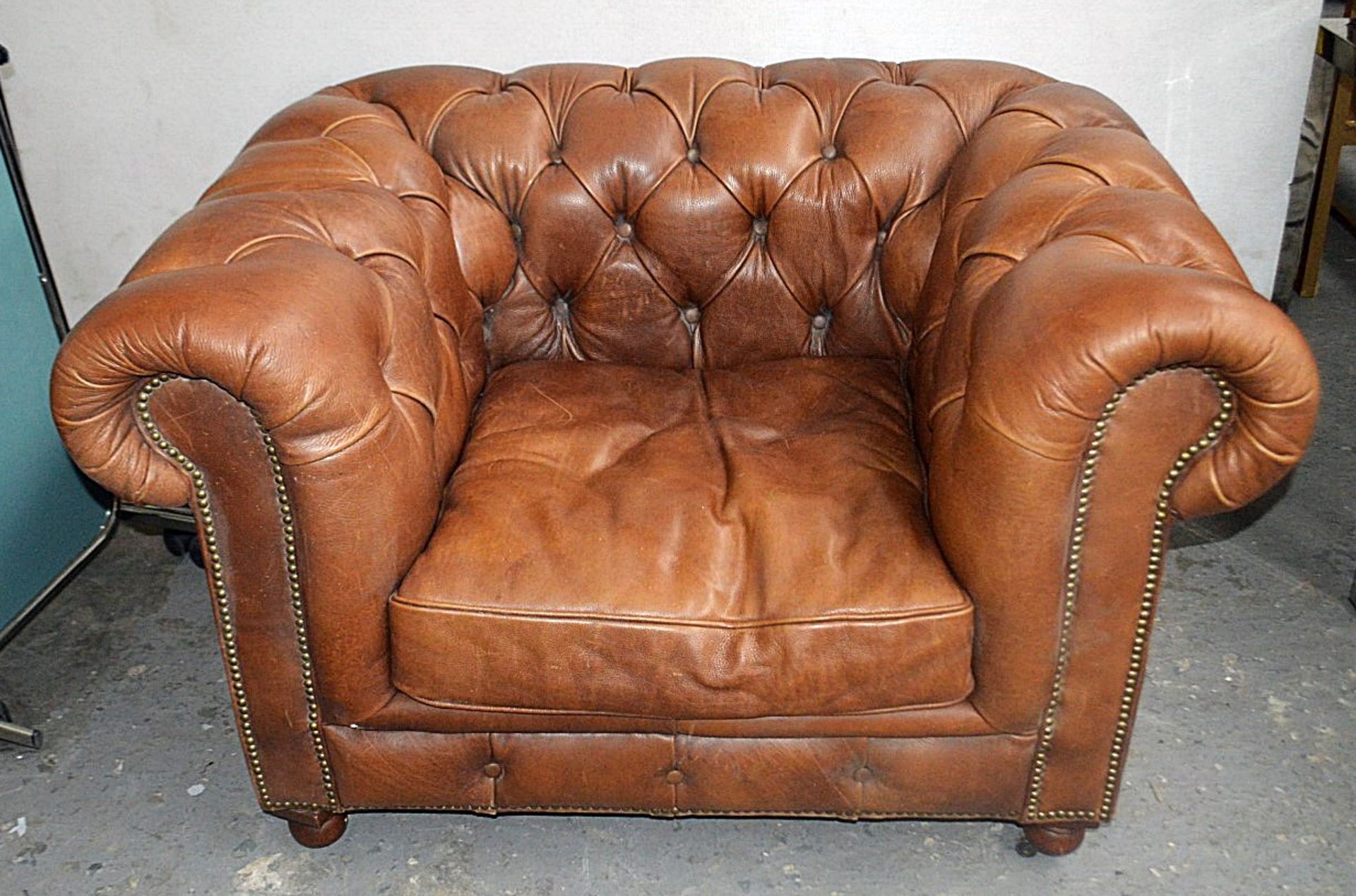 1 x Vintage-style Large Leather Chesterfield Armchair Featuring A Distressed Finish - Image 2 of 6