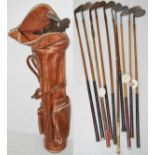 1 x Vintage Leather 'Gleneagles' Golf Bag With 10 x Assorted Branded Clubs - Ex-Display Props - Ref:
