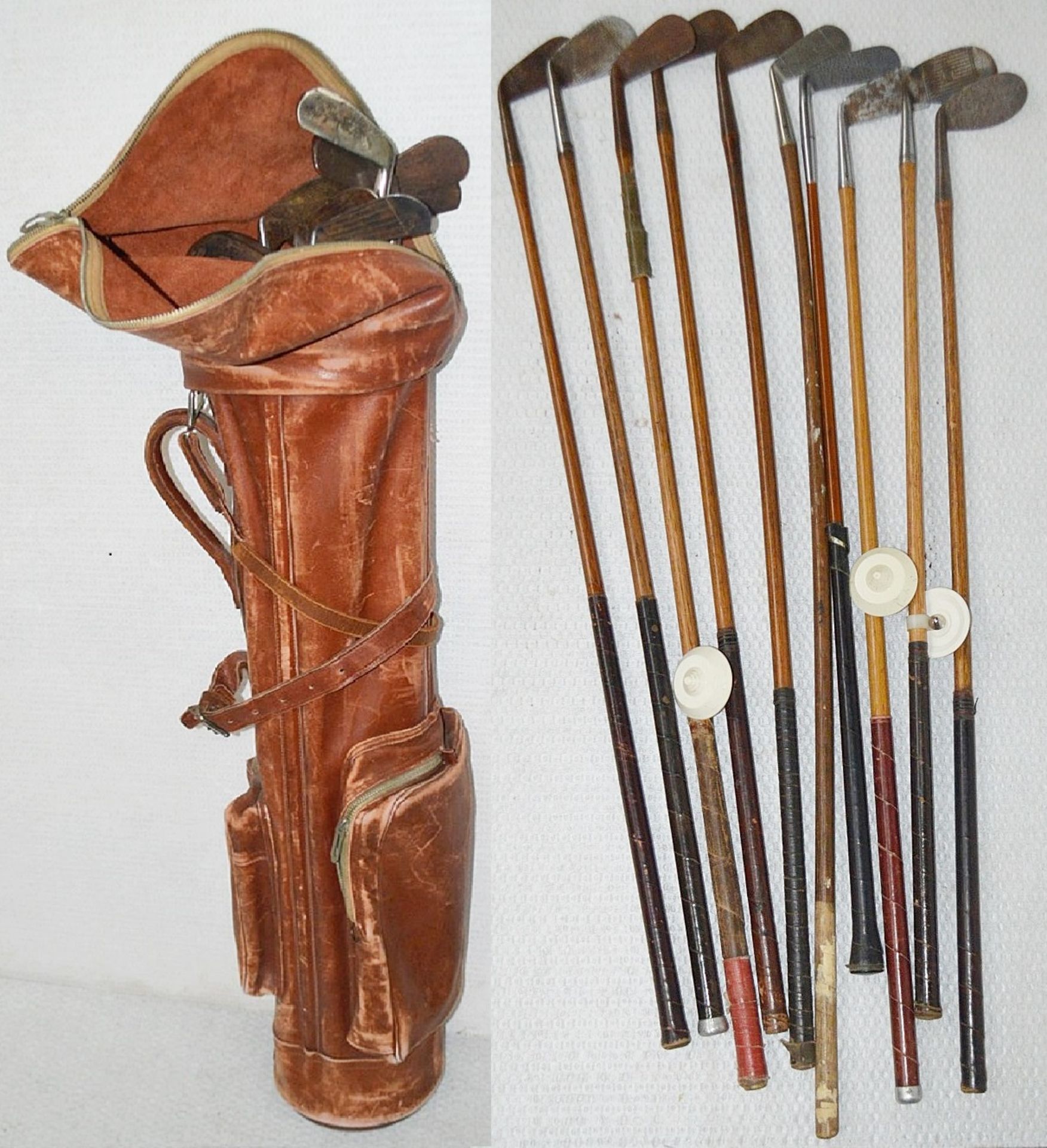 1 x Vintage Leather 'Gleneagles' Golf Bag With 10 x Assorted Branded Clubs - Ex-Display Props - Ref: