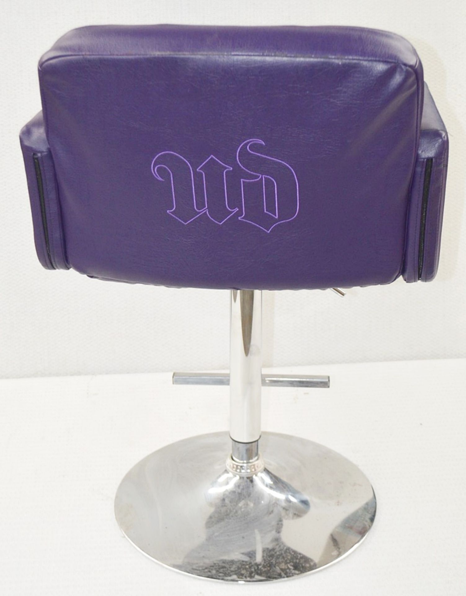 1 x URBAN DECAY Branded Gas-Lift Beauty Salon Swivel Chair With Foot Plate - Upholstered In Purple - Image 6 of 6