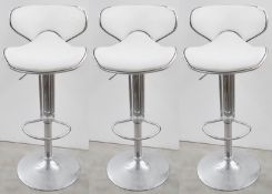 3 x Salon Saddle Seats In White And Chrome - Dimensions: W46 x D44 x H85-106cm / Seat 57-79cm  -