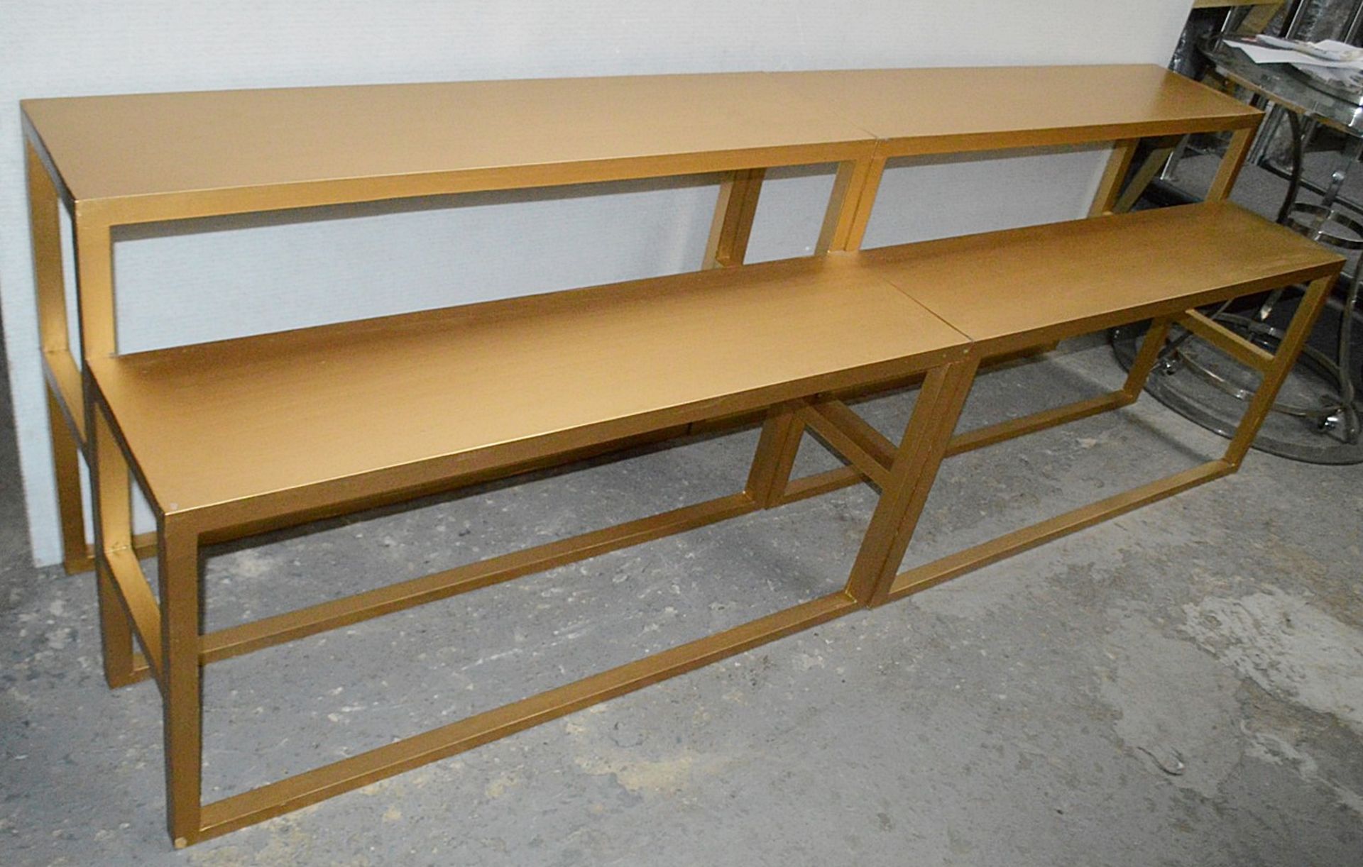 A Pair Of 1.2-Metre Long 2-Tier Display Units In A Painted Gold Finish - Dimensions: H75xW120xD60cm - Image 4 of 4