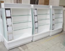 3 x Retail Display Sections Featuring White Finish, Glass Shelves, Illuminated Light Boxes,