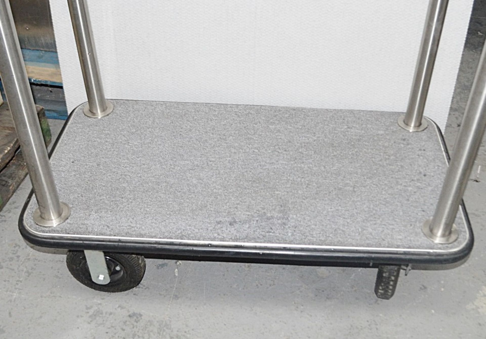 1 x Bolero Commercial Hotel Lobby Luggage Trolley Cart In Brushed Stainless Steel With Carpeted Base - Image 3 of 5