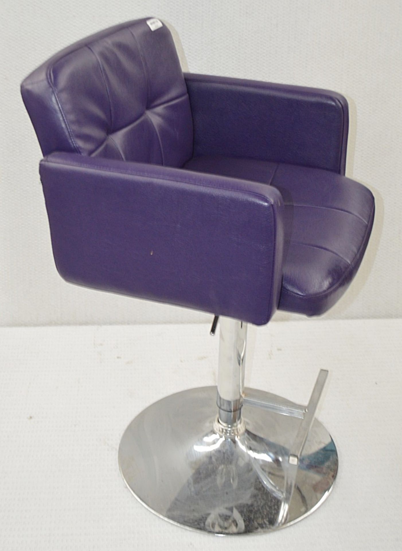 1 x URBAN DECAY Branded Gas-Lift Beauty Salon Swivel Chair With Foot Plate - Upholstered In Purple - Image 5 of 6