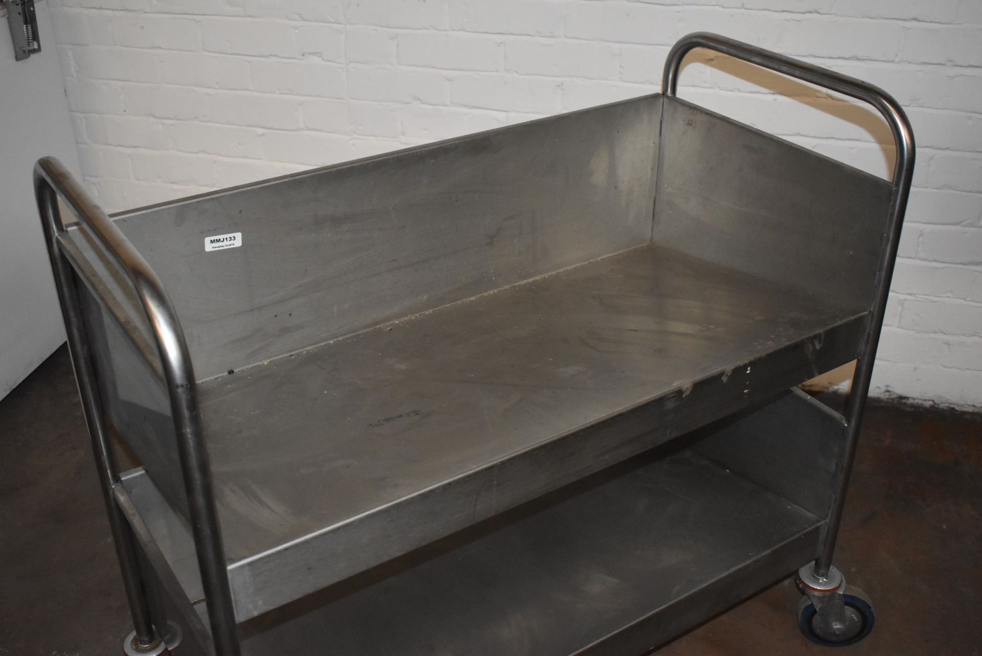 1 x Stainless Steel Trolley With Slanting Shelves and Heavy Duty Castors - Dimensions: H98 x W103 - Image 4 of 6