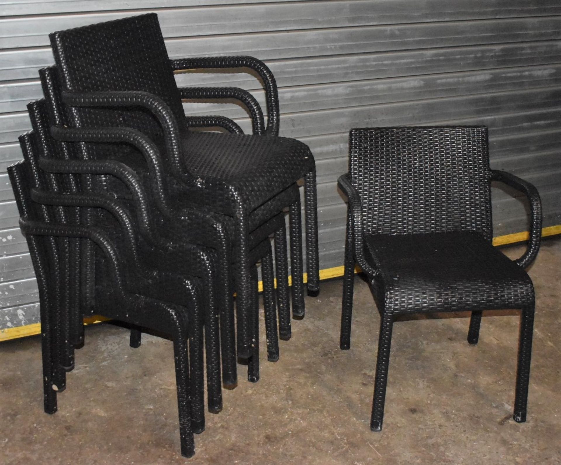 6 x Outdoor Stackable Rattan Chairs With Arm Rests - CL999 - Ref WH5 - Provided in Very Good - Image 8 of 9