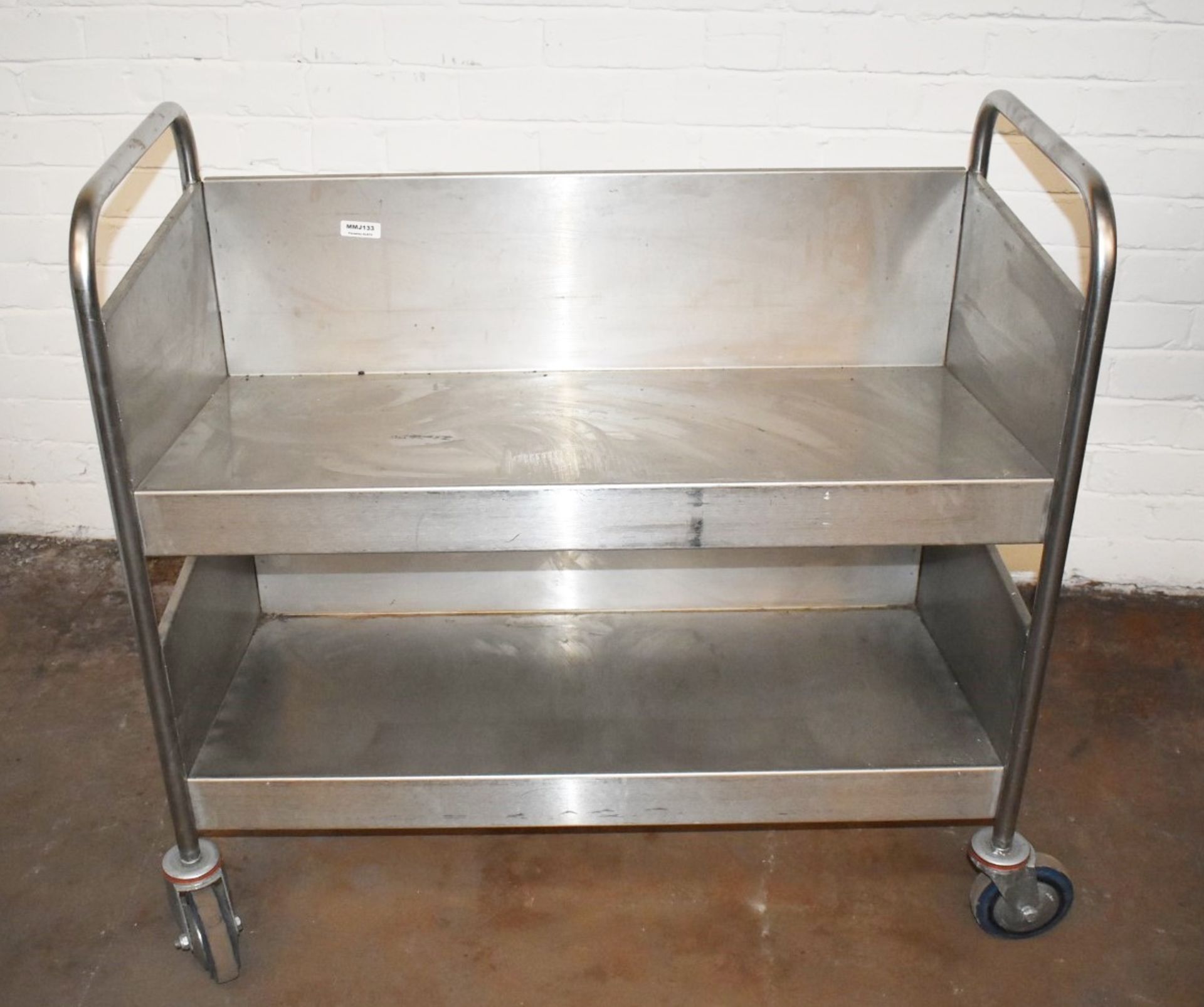 1 x Stainless Steel Trolley With Slanting Shelves and Heavy Duty Castors - Dimensions: H98 x W103 - Image 2 of 6