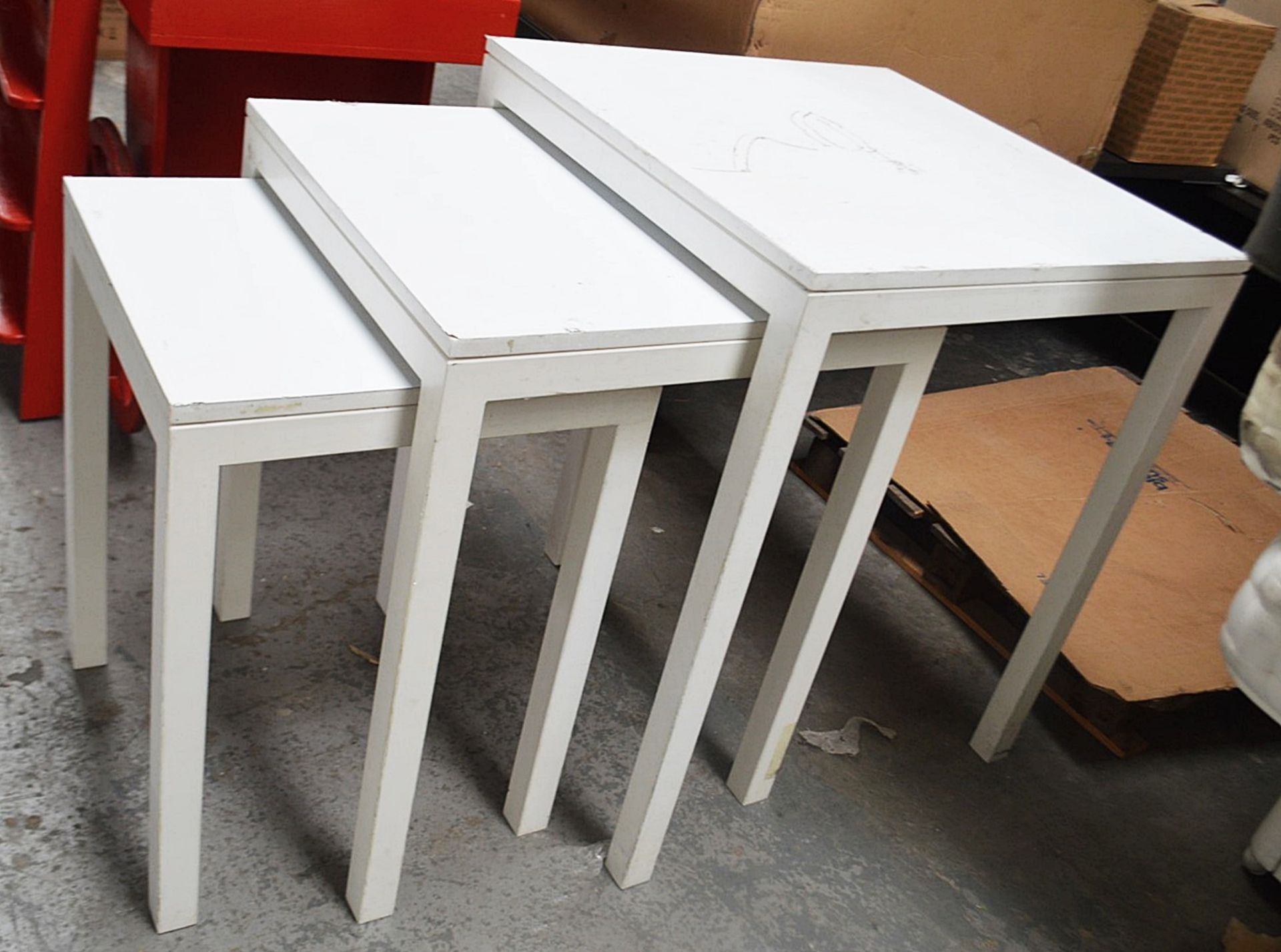 A Set Of 3 x Commercial Nesting Display Tables In White With Sturdy Metal Frames - Ex-Display - Image 2 of 3