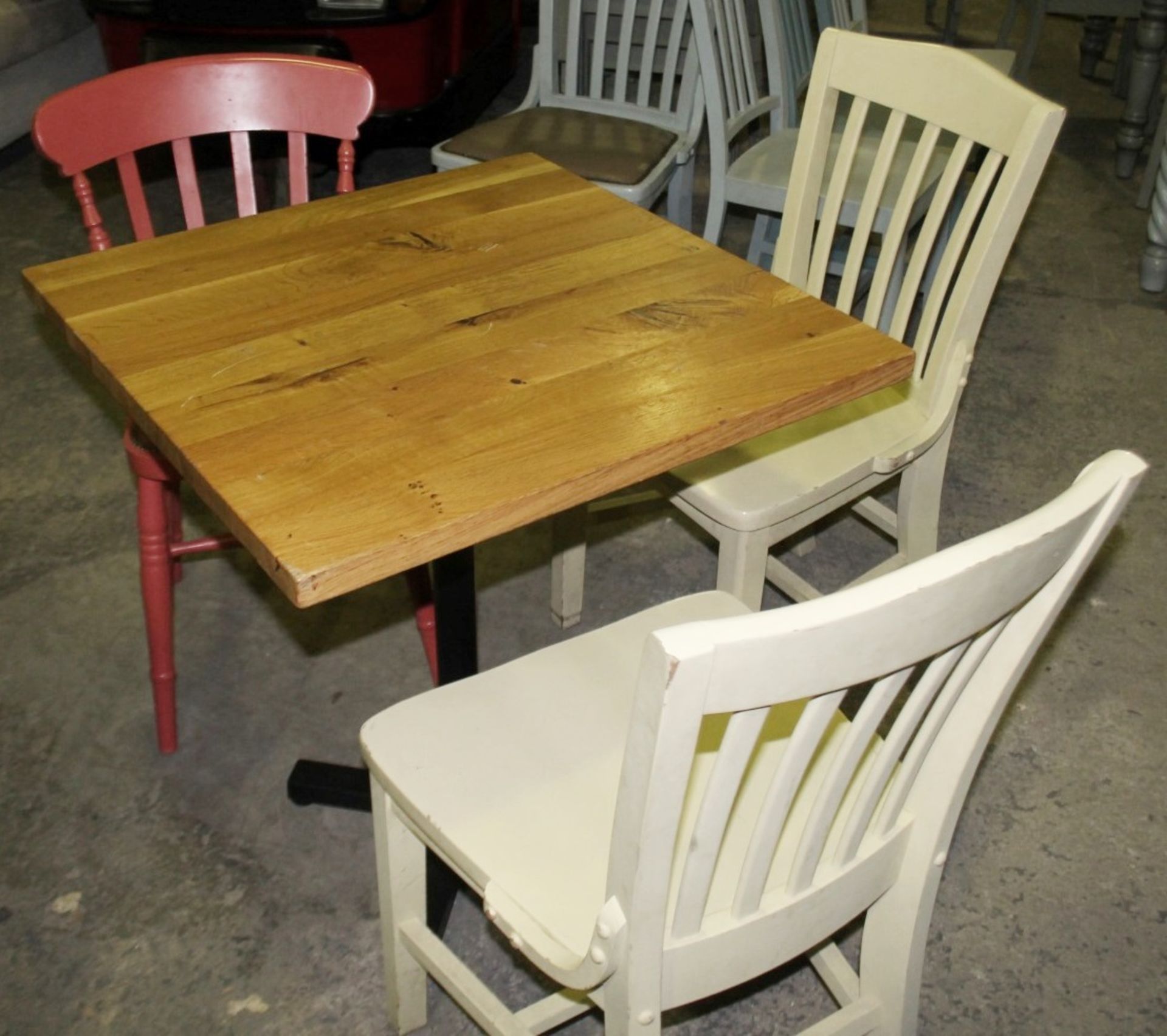 1 x Solid Wood Farmhouse Square Bistro Table With 3 x Chairs Featuring A Solid Oak Table Top - - Image 2 of 3