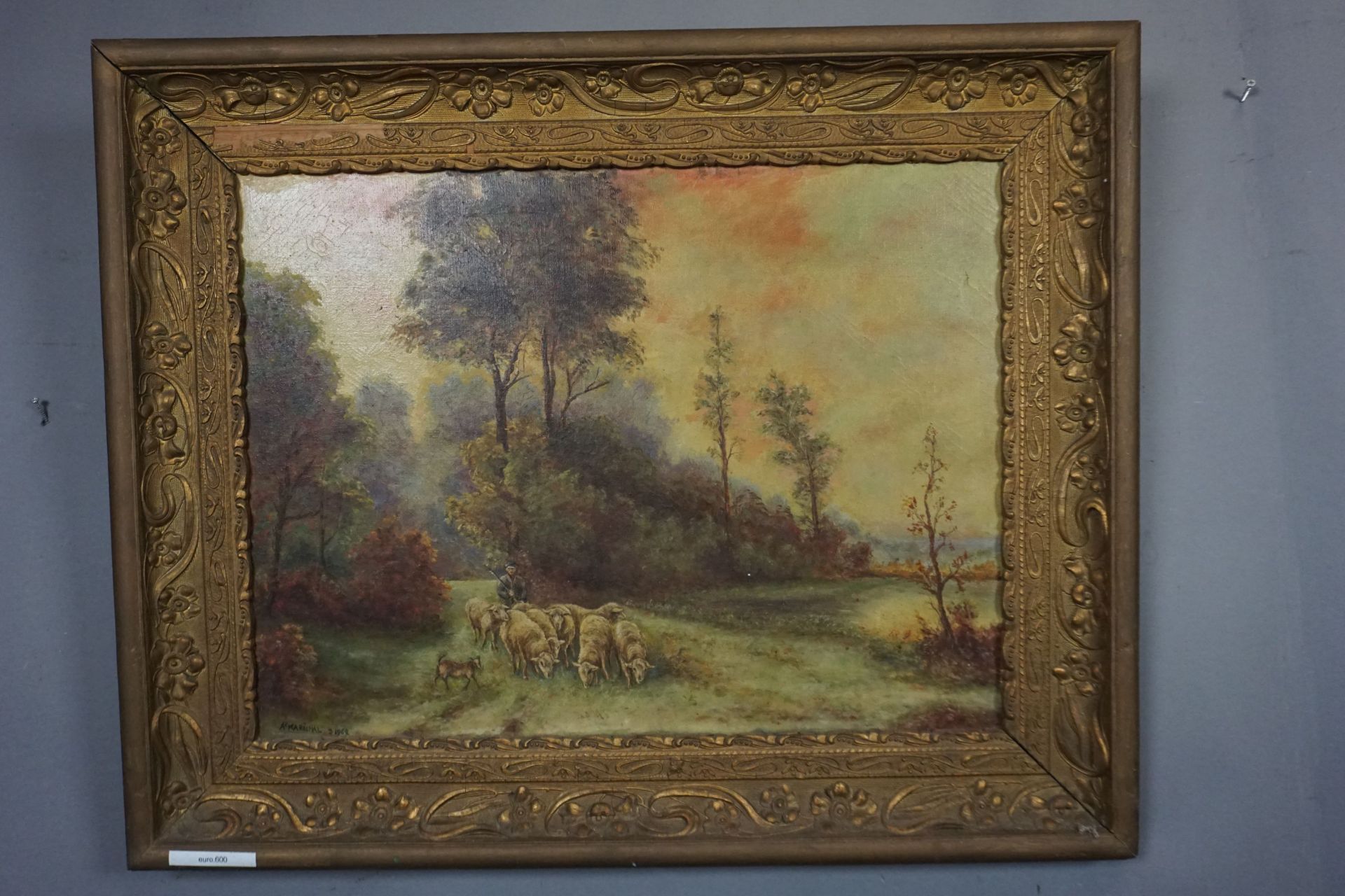 Painting, oil on canvas, landscape with sheep, signed, h67x82