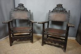 Lot of chairs with fine sculptures and coat of arms, 2 armchairs, 19th H108 / 120