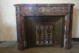 Fireplace in red / purple marble with inner decoration in copper 19th H120x155x35