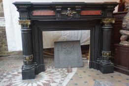 Fireplace in black marble with inserts in red marble and ornaments in bronze, 19th H130x180x74