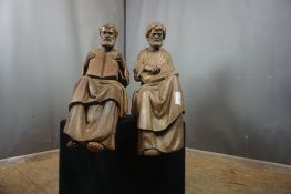 Couple Flemish neogotic sitting images in wood 19th H70x30x45