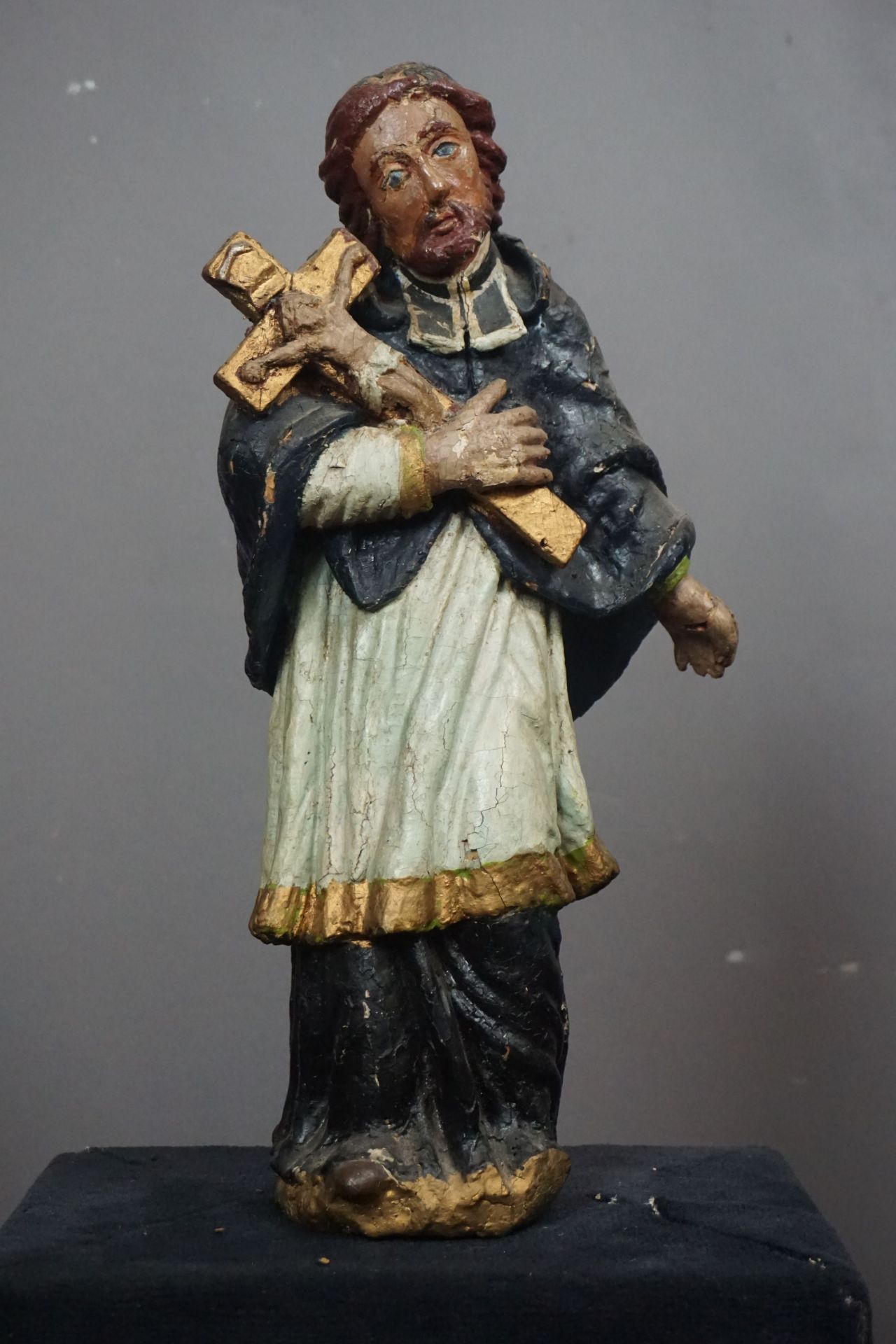 Polychrome sculpture of saint with crucifix 18th H42