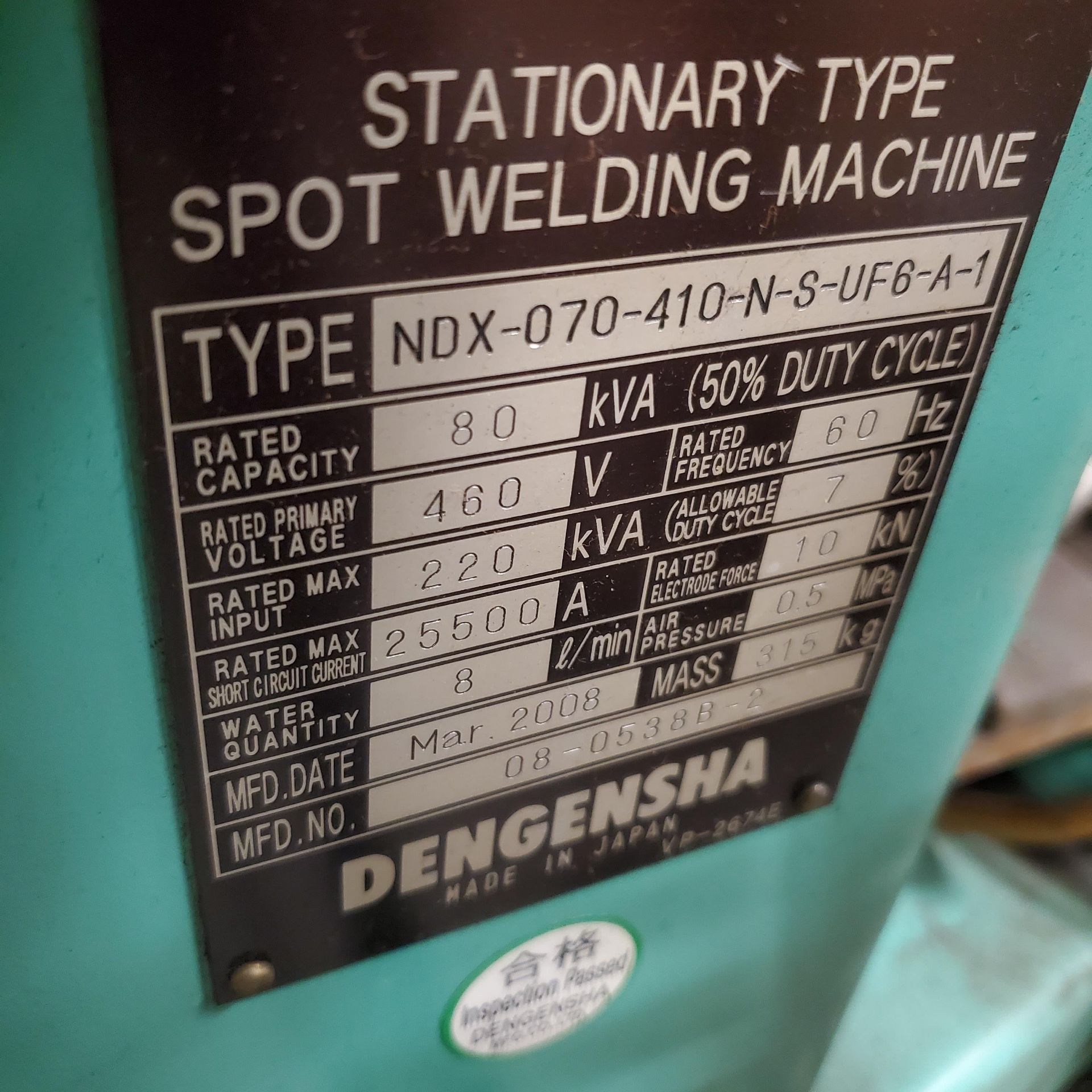 Dengensha 80 KVA Spot Welder Model NDX-070-410-N-UF8-A-1, 440 3 Ph, Loading Fee $10 - Image 2 of 2