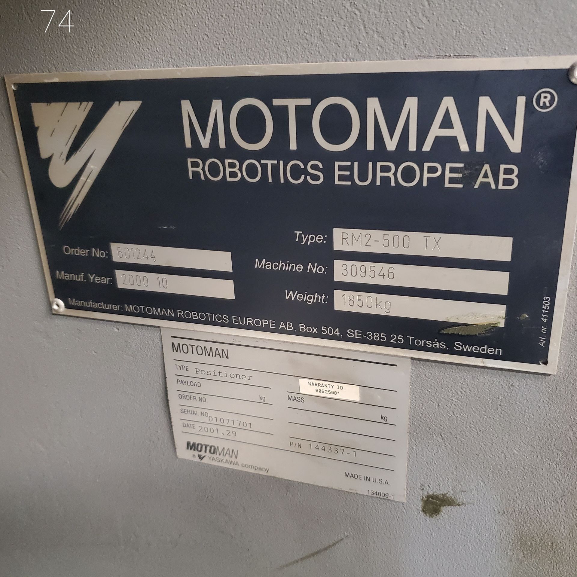 Motoman Robotics Model RM2-500 TX 2 Station Welding Positioner, 1100 lb. per Side Capacity, s/n - Image 3 of 3