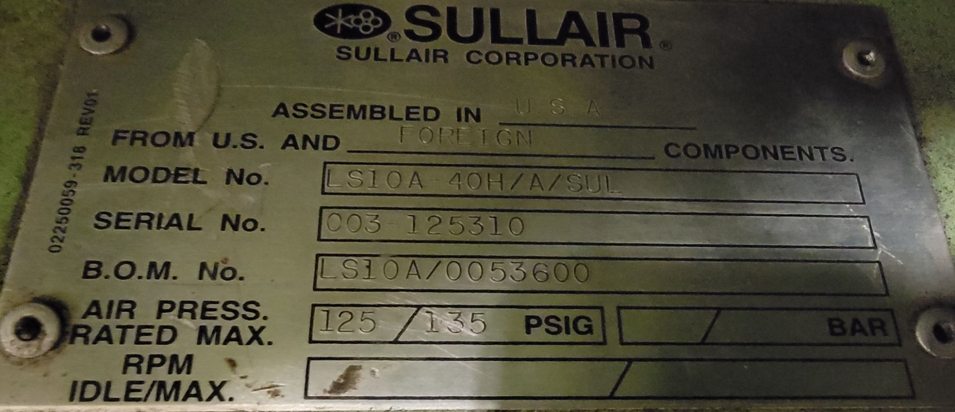 Sullair LS-10 40 HP Rotary Screw Air Compressor, 3Ph, 208-480v, Model LS10A 40H/A/SUL, 125-135 PSIG - Image 4 of 11