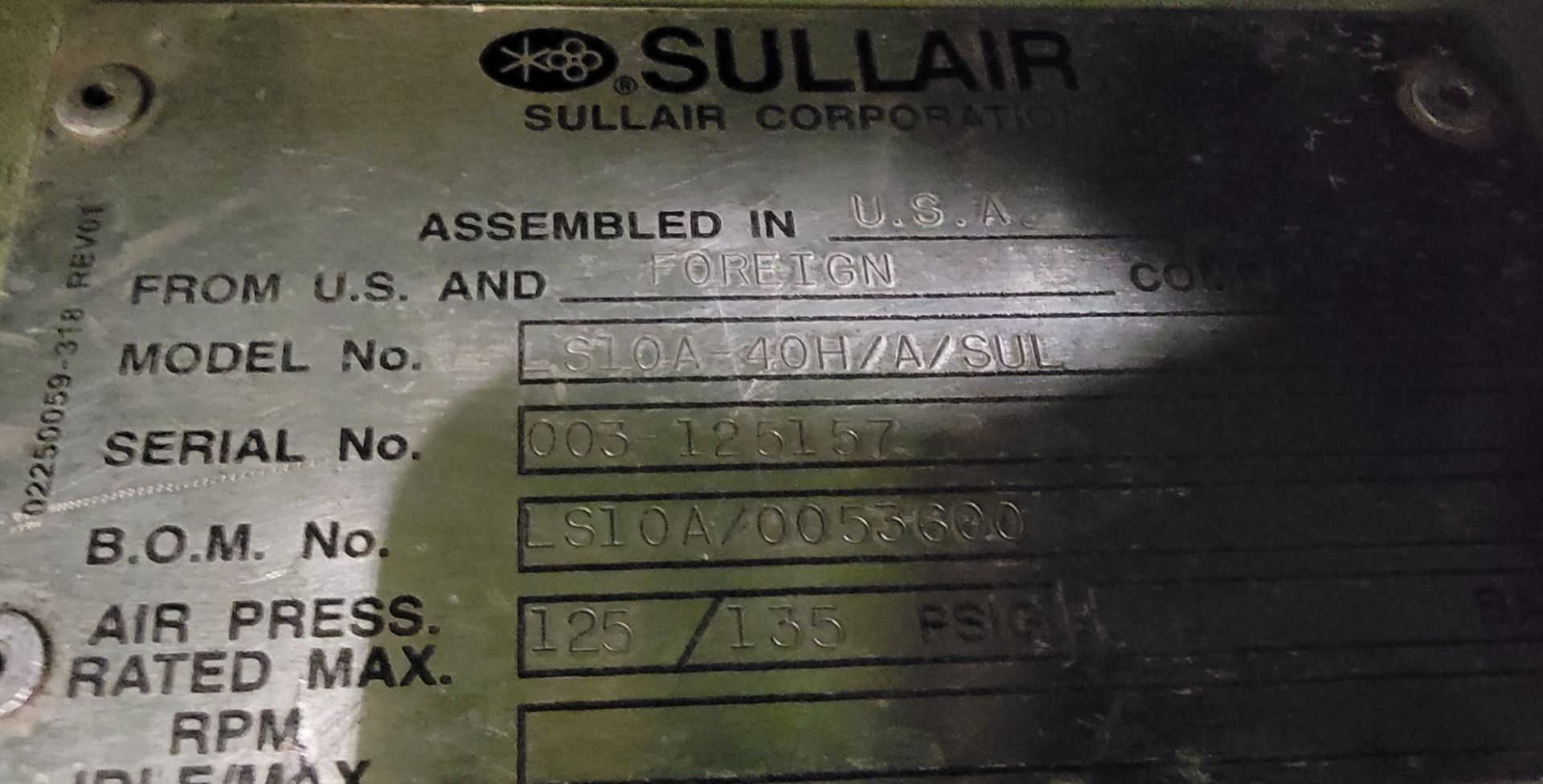 Sullair LS-10 40 HP Rotary Screw Air Compressor, 3Ph, 208-480v, Model LS10A 40H/A/SUL, 125-135 PSIG - Image 3 of 6