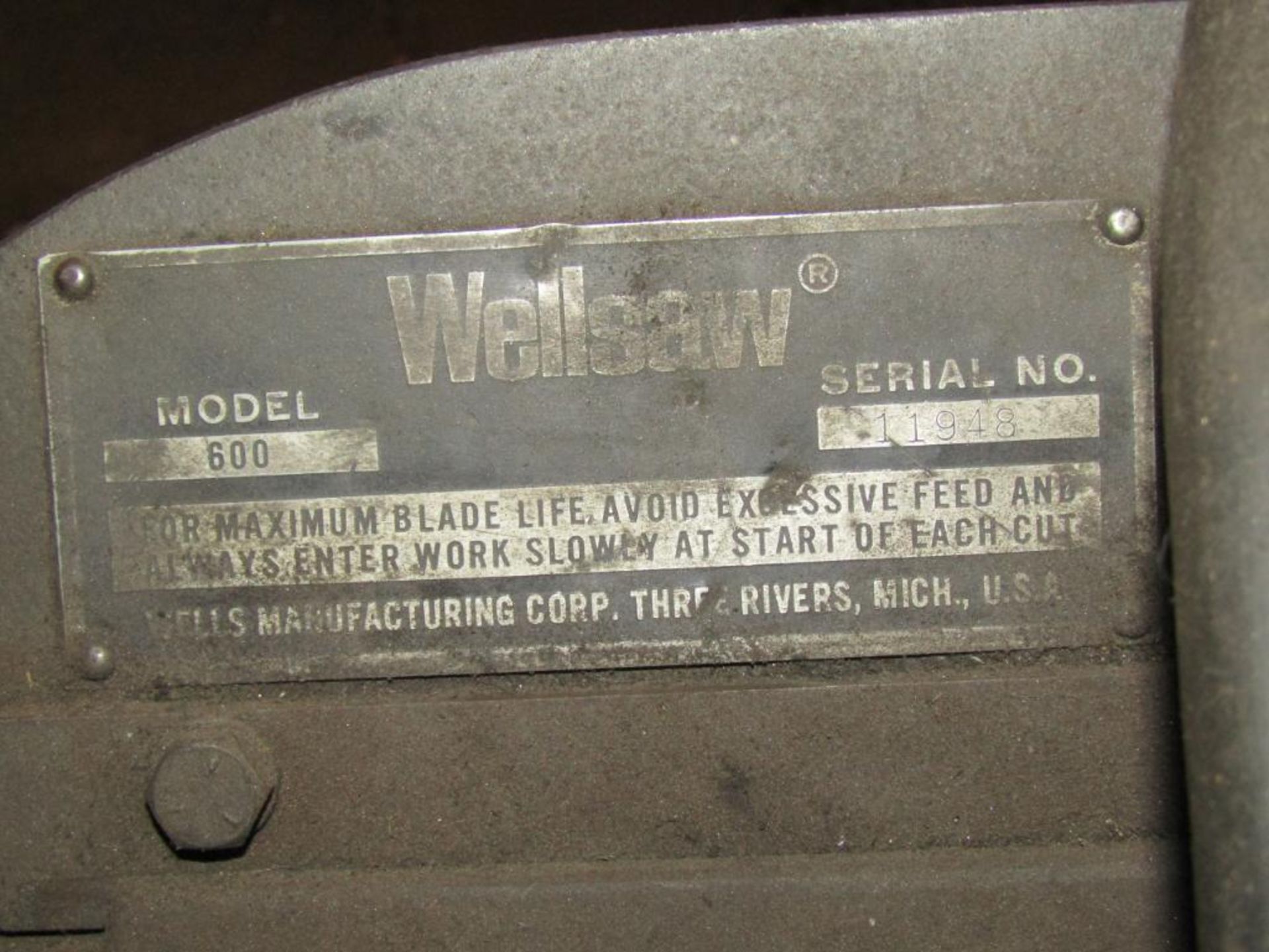 Wellsaw 600 Horizontal Bandsaw; S/N 11948; (Not in Working Condition) - Image 2 of 3