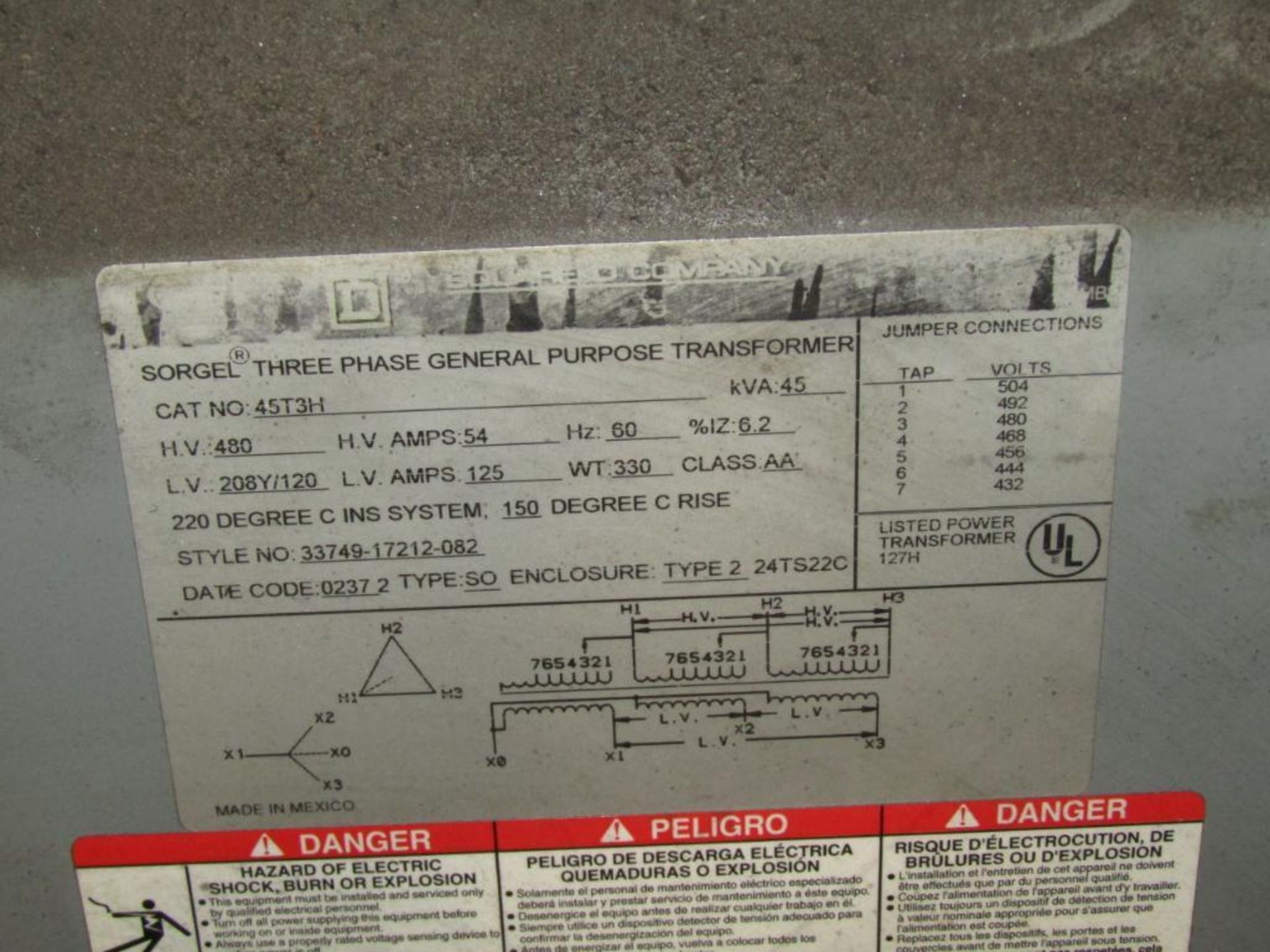 Square D 45T3H 45 KVA Transformer; 3PH General Purpose - Image 2 of 2